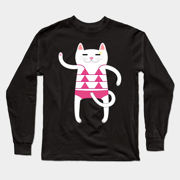 White Cat Wearing a Pink Bikini Swimsuit Long Sleeve T-Shirt by Babey Bog